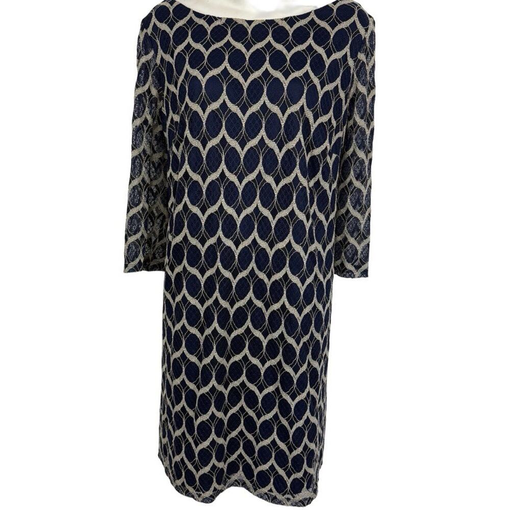Jessica Howard Lace Navy Print Dress 3/4 Sleeve Sheath Knee Length Dress 16